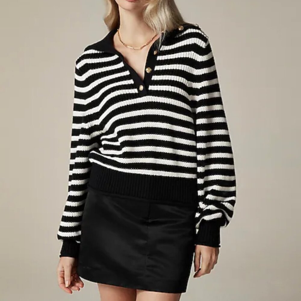 NWT JCREW Ribbed cotton button-collar sweater in stripe Black / Ivory